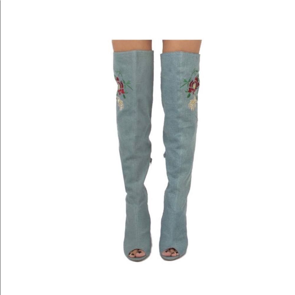 Denim knee high boots